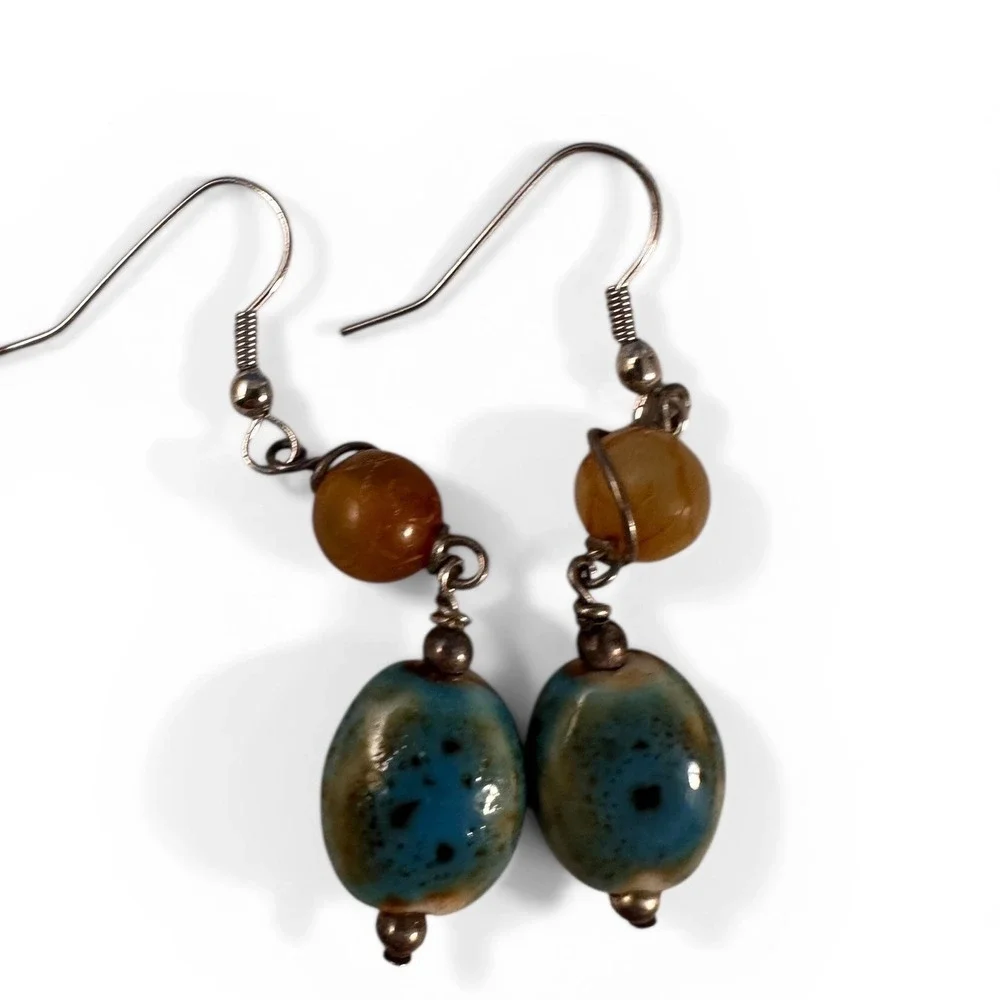 Unbranded Drop Earrings Womens OS Teal Amber Good‎ Ceramic Stone Boho Artisanal